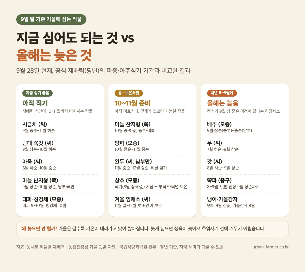 지금 심을 수 있는 작물 vs 늦은 작물 9월 말 기준 가을에 심는 작물 - 지금 심을 수 있는 작물과 올해는 늦은 김장채소 비교