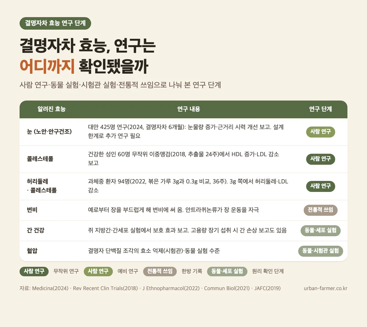 결명자차 효능 연구 근거 수준 - 눈 건강 예비 연구, 콜레스테롤 소규모 사람 연구, 간·혈압 동물 실험