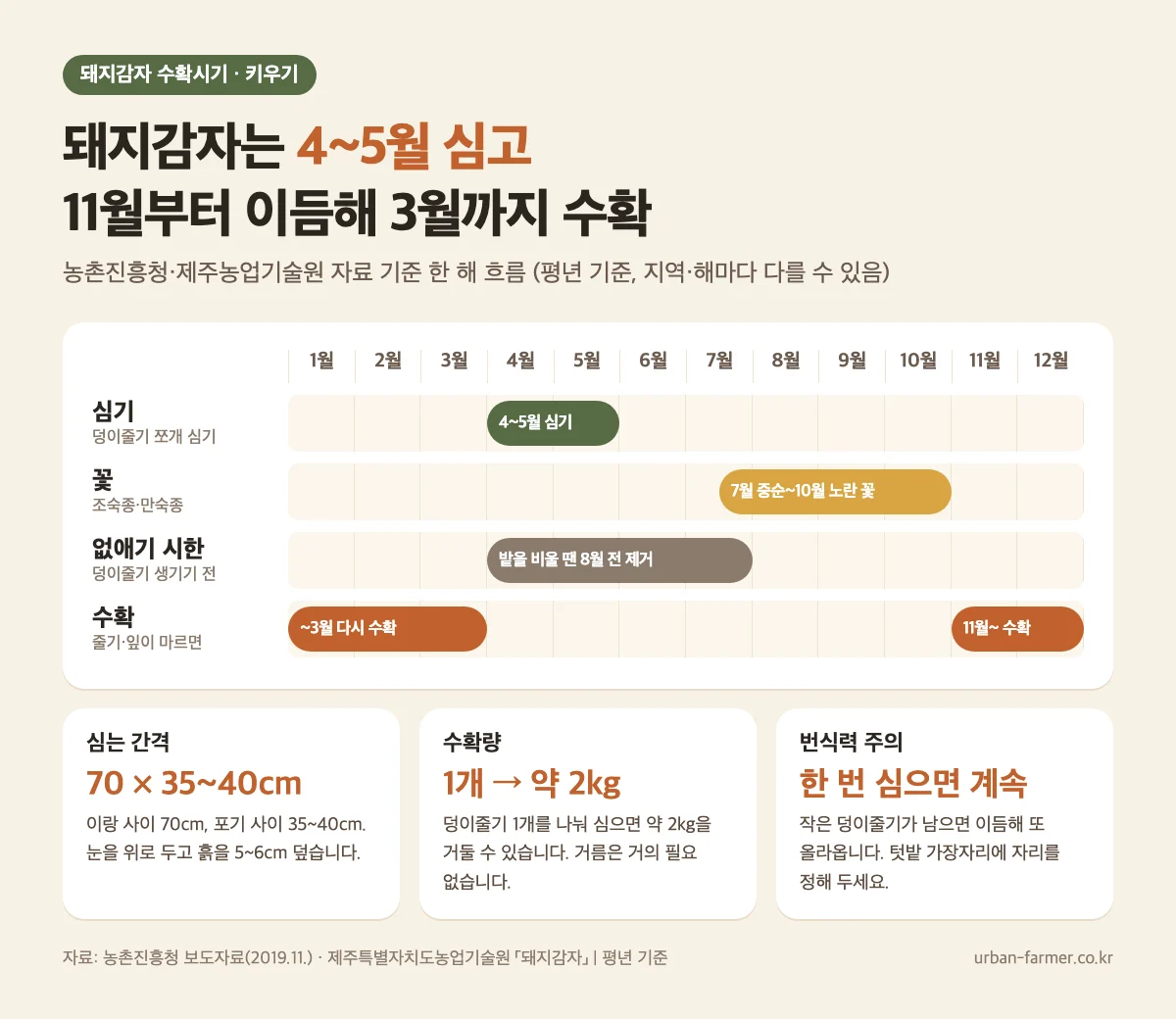돼지감자 수확시기 재배 캘린더 돼지감자 수확시기와 심는시기 재배 캘린더 - 4~5월 심기, 11월~이듬해 3월 수확, 8월 전 제거