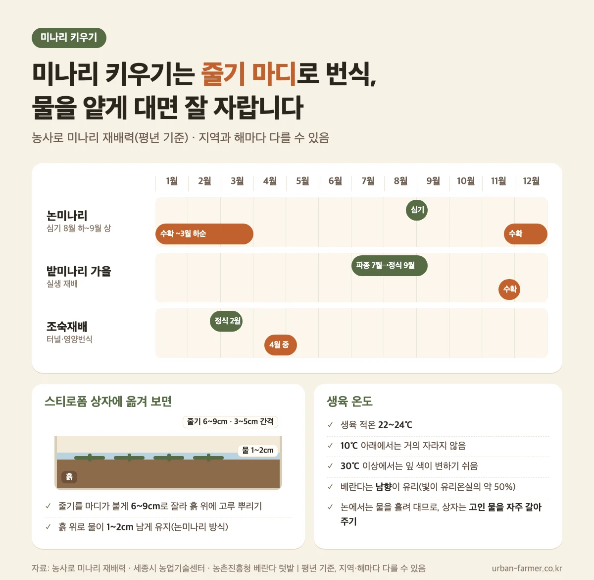 미나리 키우기 재배력 미나리 키우기 재배력과 스티로폼 상자 재배 방법 - 줄기 6~9cm 잘라 심고 물 1~2cm 대기