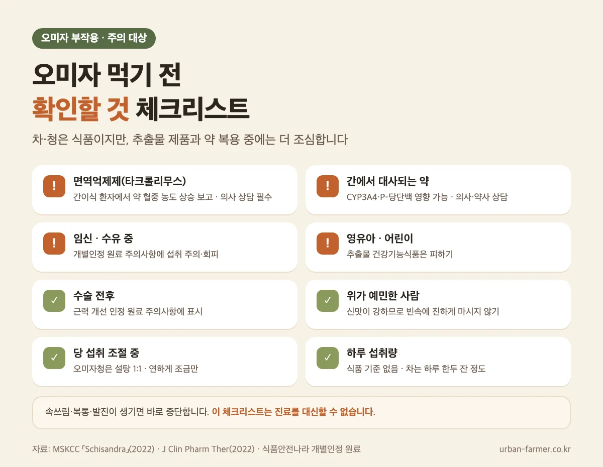 오미자 효능 부작용 주의 대상 체크리스트 - 면역억제제·간 대사 약물 복용, 임신·수유, 어린이, 당 섭취 조절