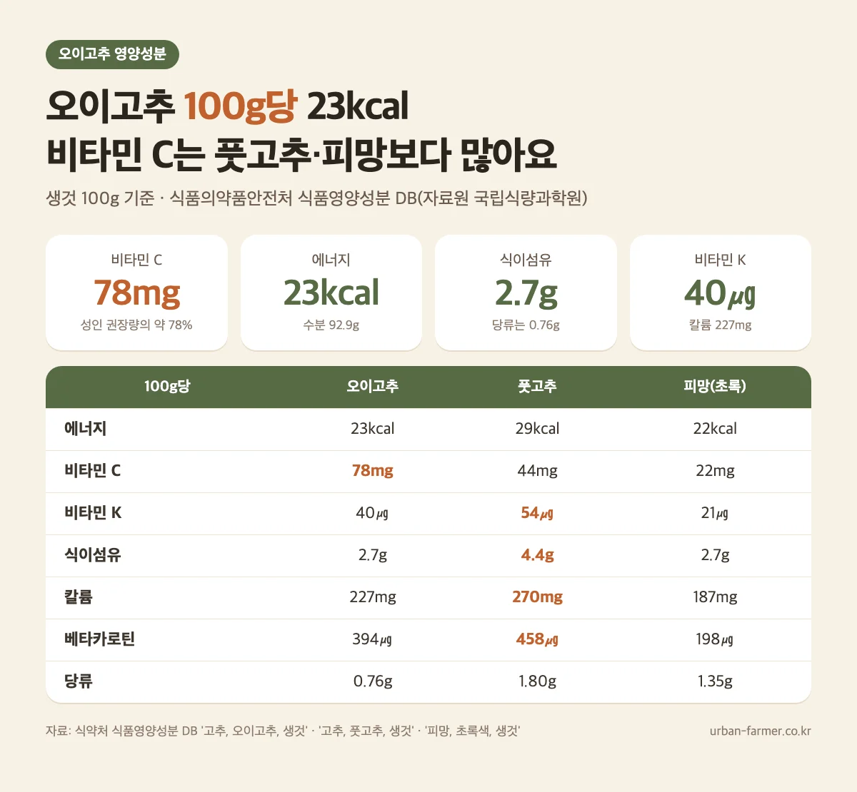 오이고추 효능 영양성분 - 100g당 23kcal, 비타민 C 78mg, 풋고추·피망과 비교