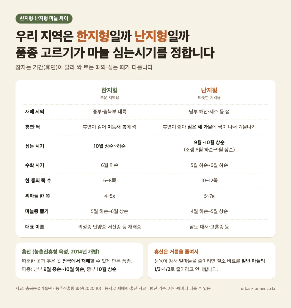 한지형·난지형 마늘 차이 한지형 난지형 마늘 차이 비교표 - 재배 지역, 심는 시기, 수확 시기, 쪽 수, 홍산마늘