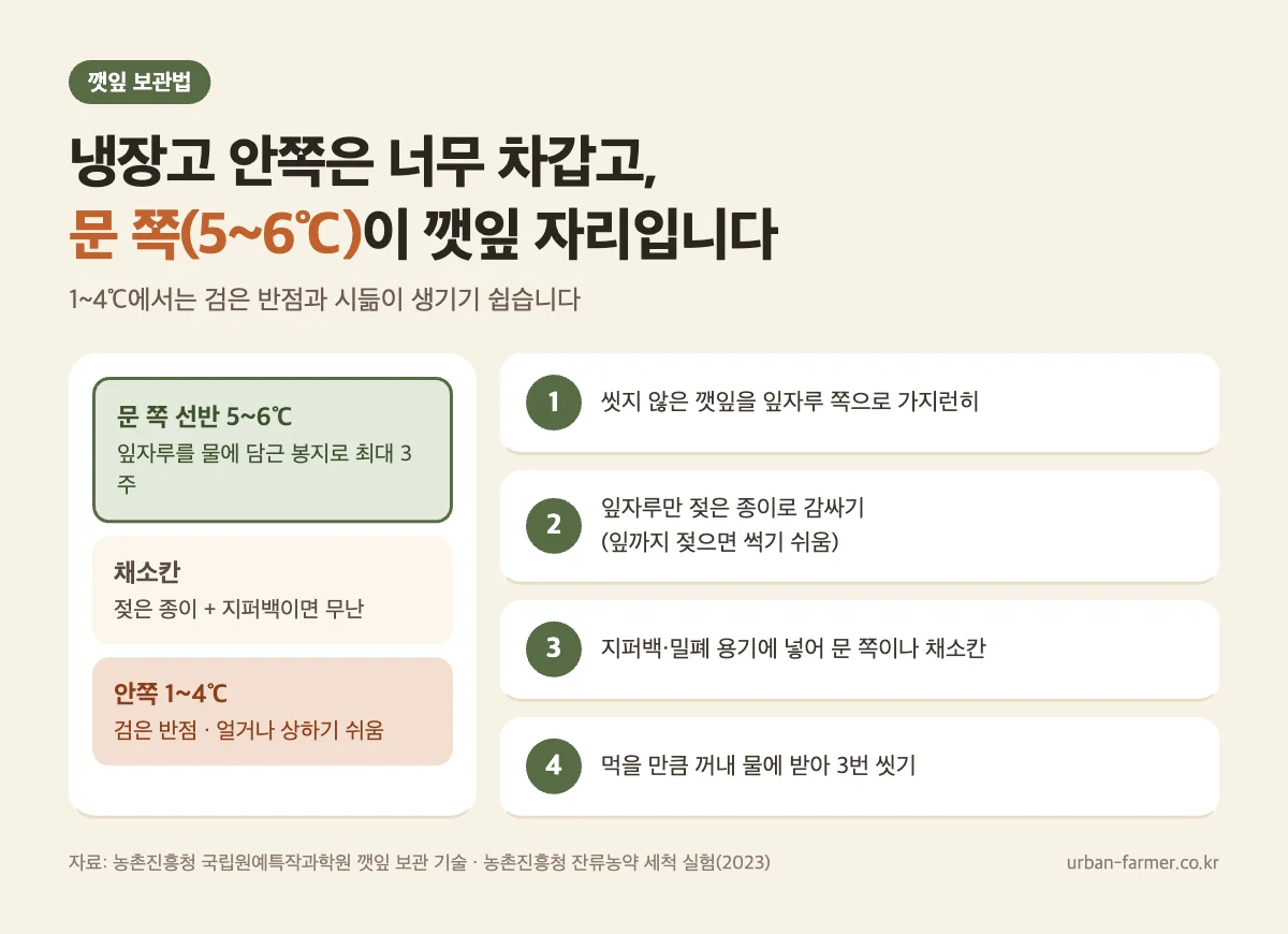 깻잎 보관법 깻잎 보관법 - 냉장고 안쪽 1~4℃는 검은 반점, 문 쪽 5~6℃에 잎자루만 젖은 종이로 감싸 보관