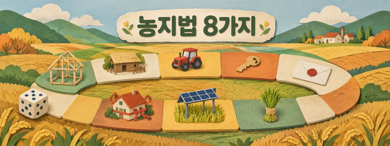 농지법 8가지 — 농지 위를 도는 종이 보드게임 판 8칸에 집 틀·열쇠·도장 봉투·태양광 같은 소품이 놓인 종이 디오라마