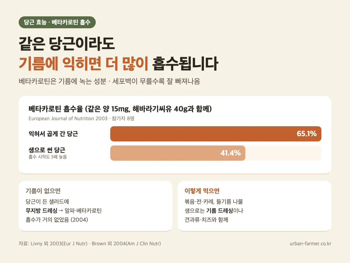 당근 효능 베타카로틴 흡수 - 기름과 함께 익혀 간 당근 65.1%, 생으로 썬 당근 41.4%, 무지방 드레싱은 흡수 거의 없음