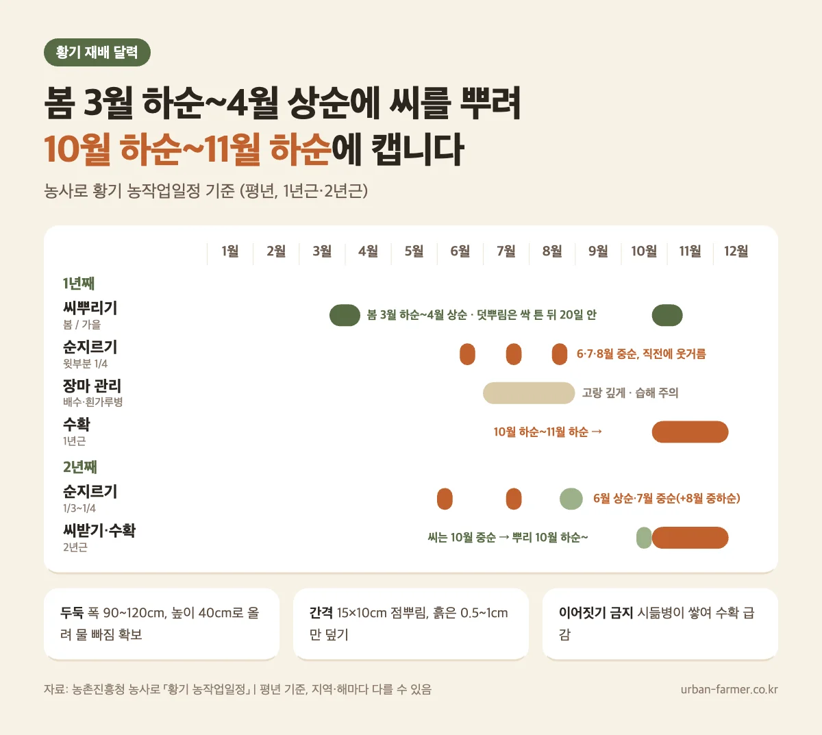 황기 재배 달력 황기 재배 달력 - 봄 3월 하순~4월 상순 씨뿌리기, 6·7·8월 순지르기, 10월 하순~11월 하순 수확, 두둑 높이 40cm·간격 15×10cm
